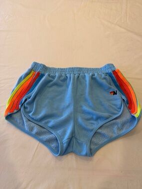 Aviator Nation women’s size M Light Blue Shorts with neon Rainbow Trim